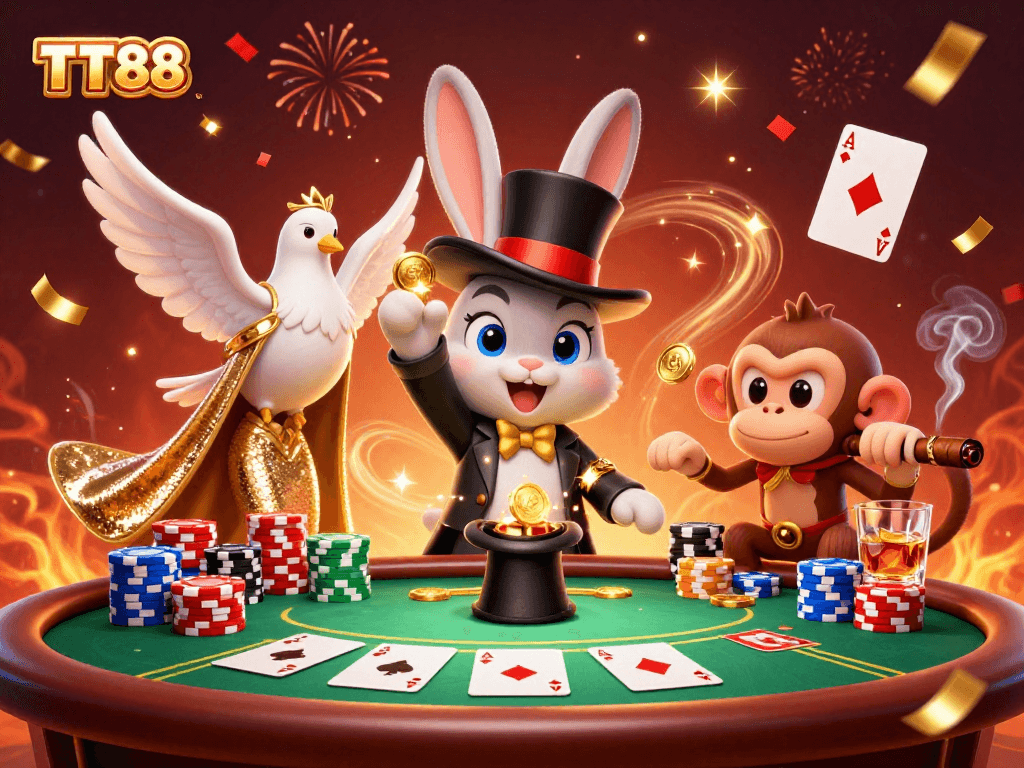 Engage with the magic of TT88 as a magician rabbit conjures coins, alongside a dove and a playful monkey.