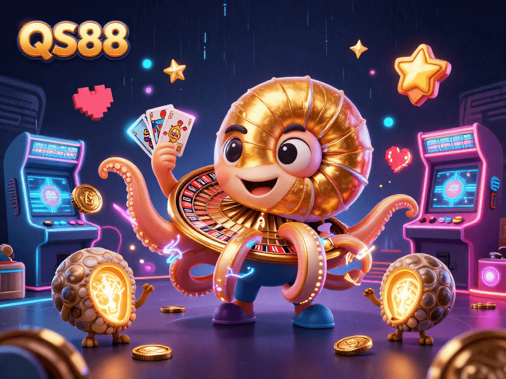 Experience an exciting QS88 casino adventure with a giant nautilus as a roulette wheel and glowing game elements.