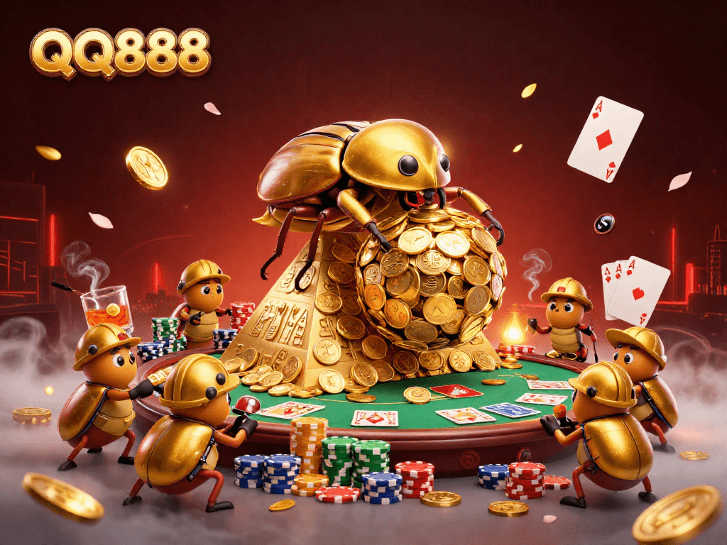 Spin the reels and experience QQ888 with cartoon beetles on golden coins in a vibrant casino scene.
