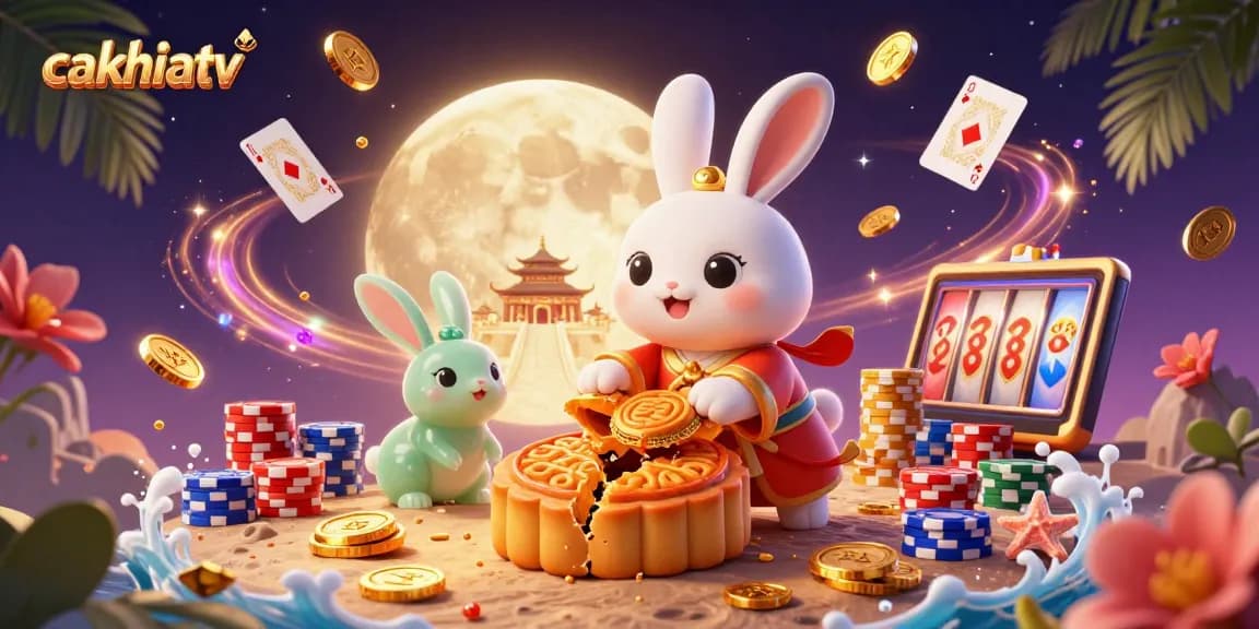 Cakhiatv showcases a vibrant 3D moon rabbit scene with casino elements for gamers.