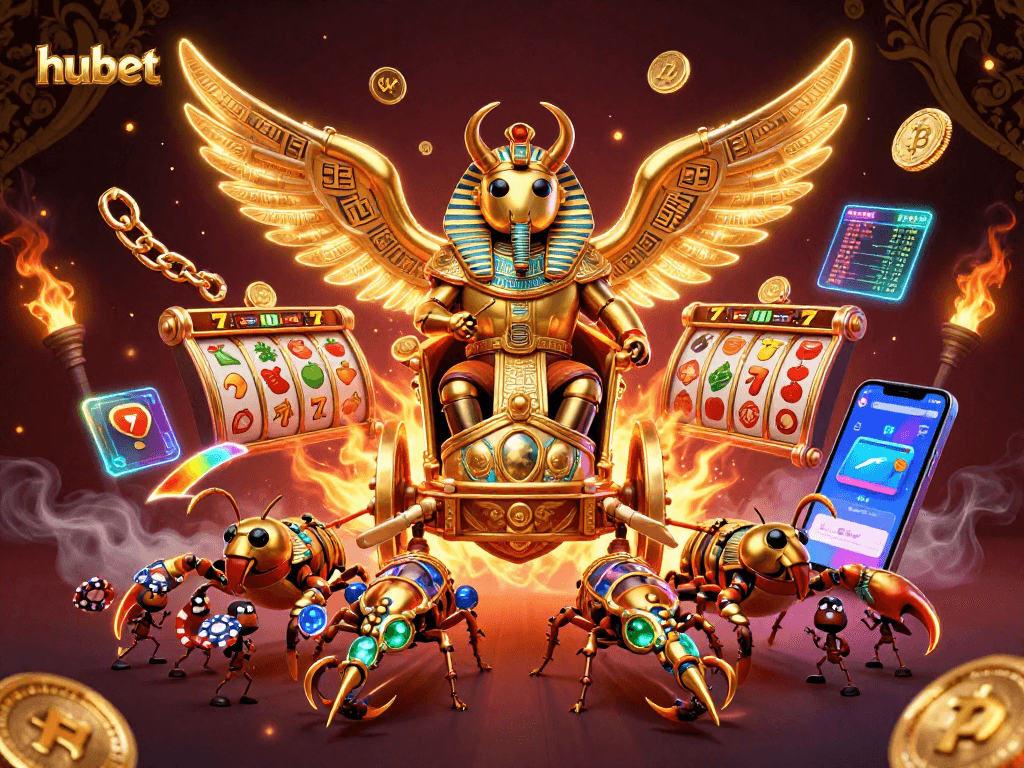 Experience thrilling slot gaming with hubet's vibrant characters including a golden scarab beetle and scorpions.