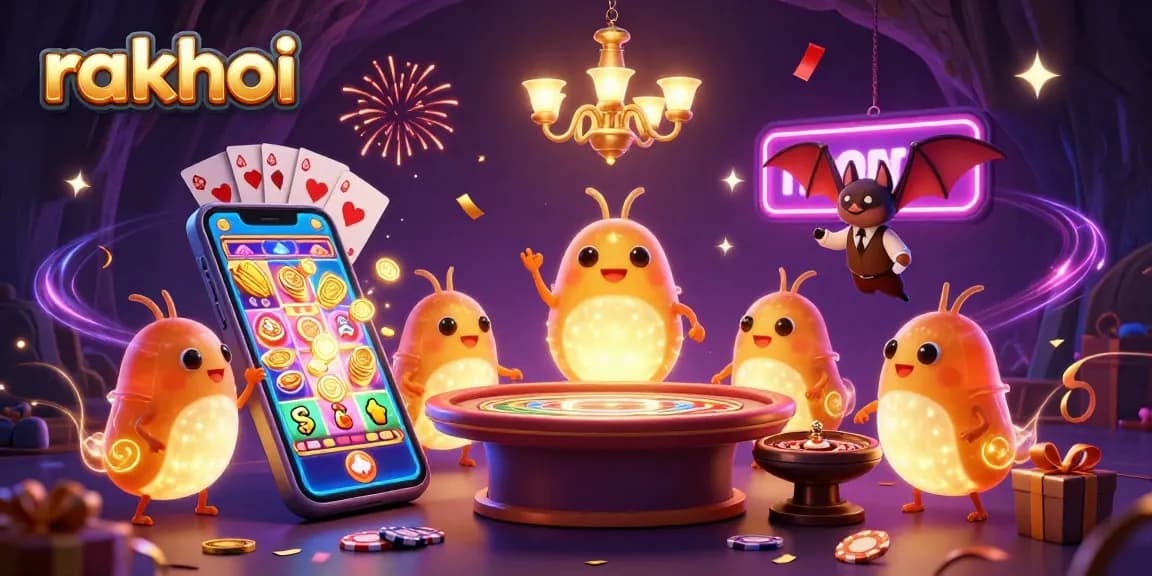 Experience the excitement of rakhoi in this vibrant 3D casino illustration filled with neon lights and winning games.