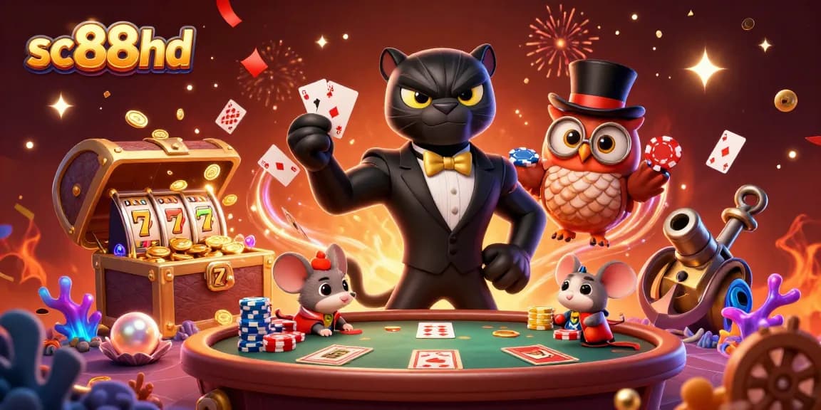 sc88hd showcases a stylish cartoon panther dealing cards, surrounded by poker elements and treasures