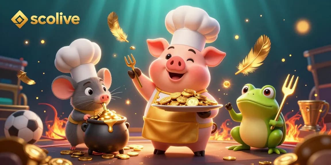 Socolive sports betting scene with a chef pig and food critic frog immersed in gold coins and vibrant elements.
