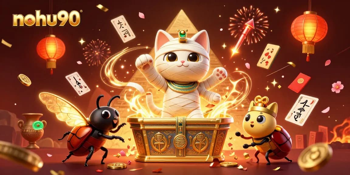 Engage with nohu90 at the pyramid casino featuring animated mummy cat and vibrant game elements.