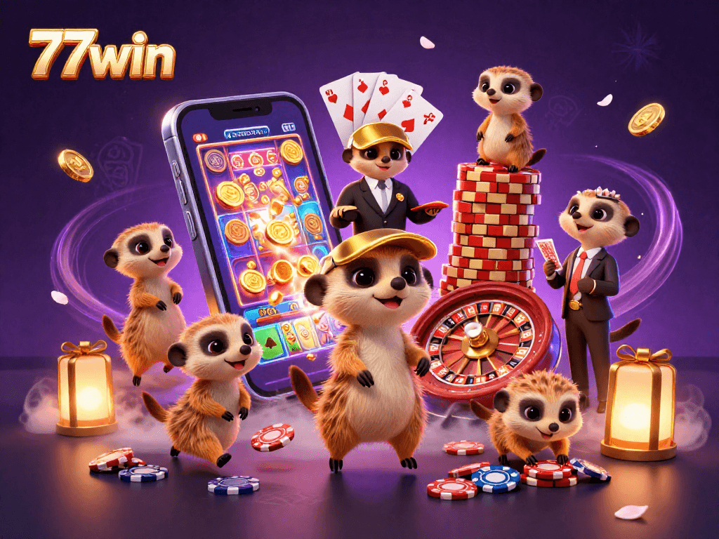 Experience 77win's vibrant casino atmosphere with adorable meerkats, golden coins, and lively gaming elements.