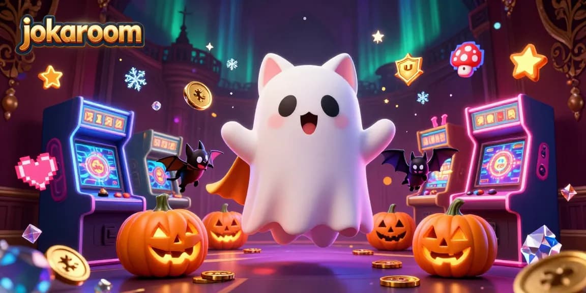 Engage in thrilling play at jokaroom with the friendly ghost cat amidst glowing arcade elements.