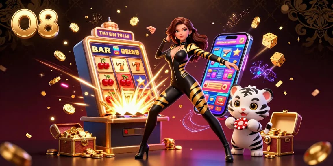 Experience thrilling gaming at O8 with a vibrant illustration of exciting slot machines and playful characters.