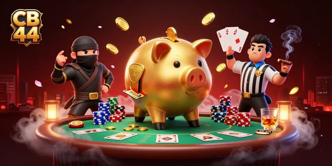 Engage with the vibrant CB 44 gaming scene featuring a golden piggy bank sumo wrestler, wallet-ninja, and samurai referee.