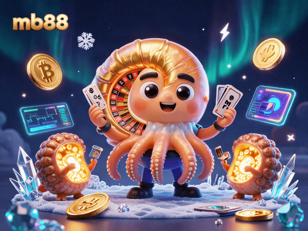 Engage in thrilling gameplay at mb88 with a glowing nautilus roulette wheel and vibrant crypto elements.