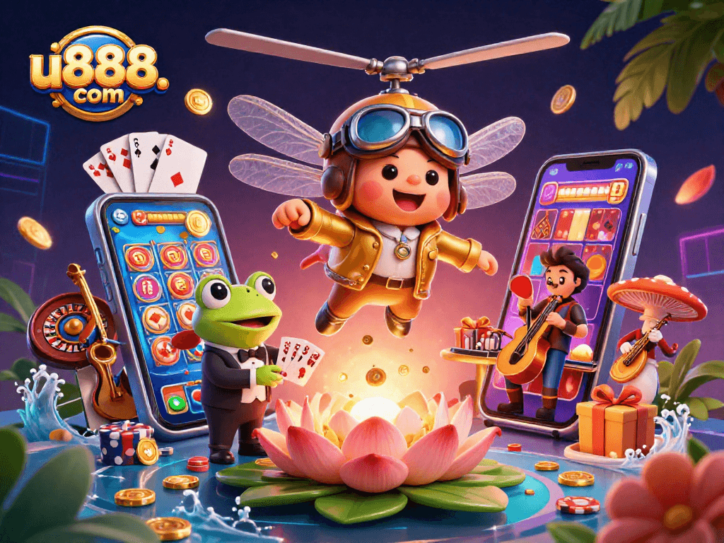 Experience thrilling gameplay at u888. com, with vibrant casino scenes and exciting gambling elements.
