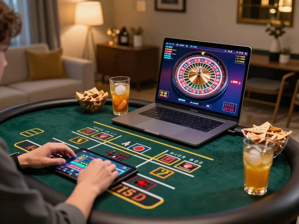 Engaged player at Nhà cái s8 enjoying live dealer gaming on a tablet with roulette screen displayed.