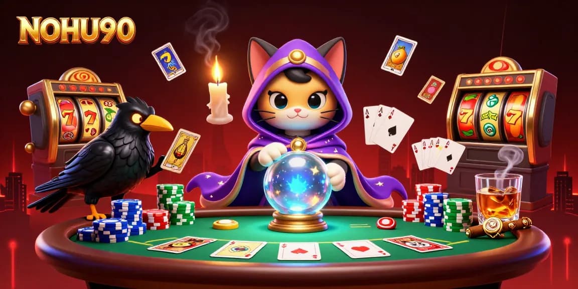 Engaging scene showcasing NOHU90 with a mystical cat, raven, and casino elements, perfect for players.