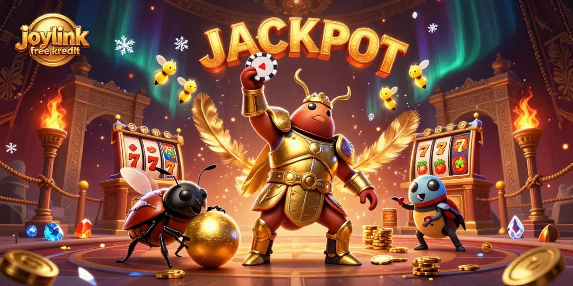 Engage in jackpots with joylink free kredit through vibrant 3D poker beetle illustration.