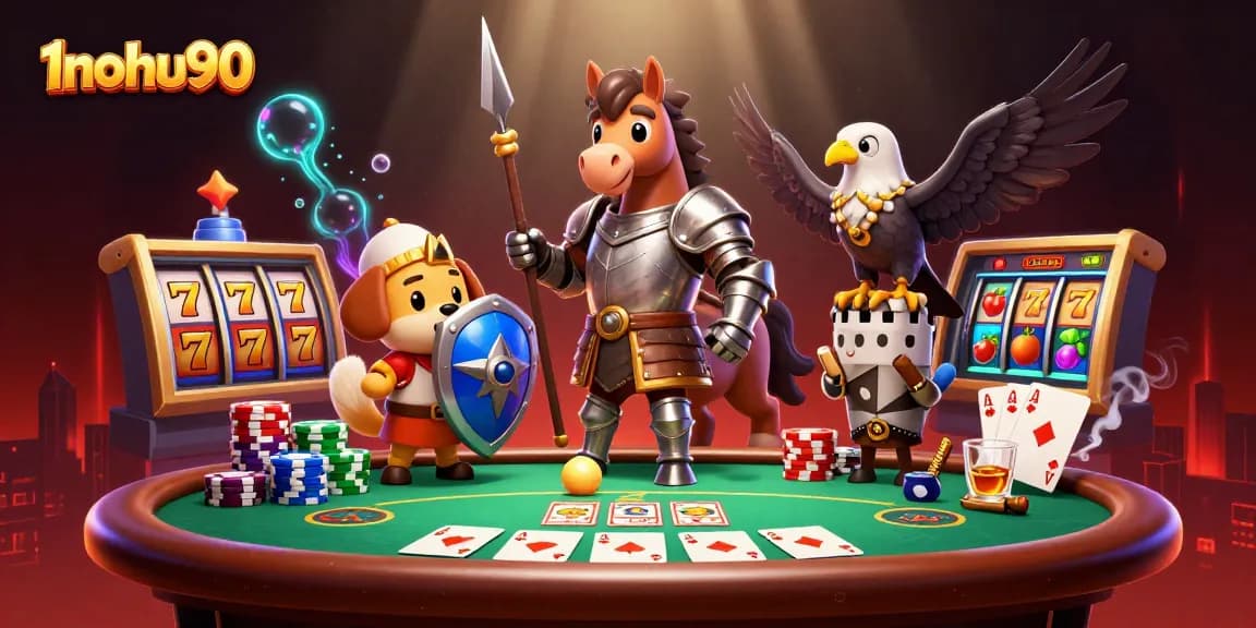 Experience thrilling action at 1nohu90 with poker games and exciting slots in a vibrant 3D scene.