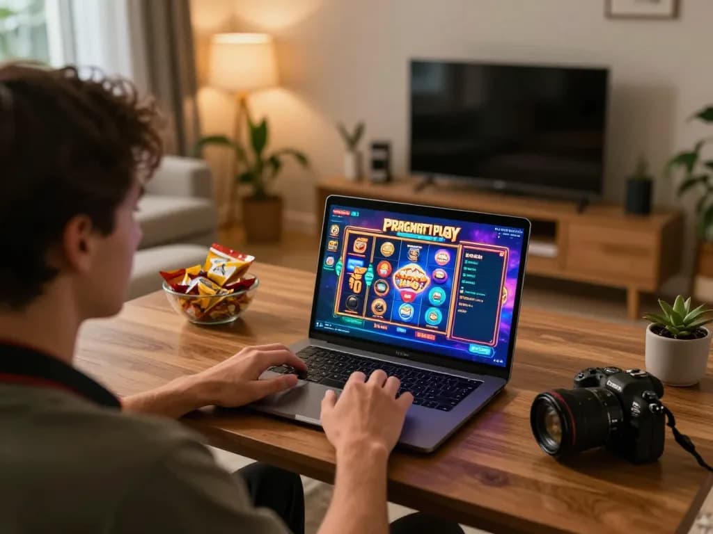 Player enjoying Pragmati Play slots at home on a laptop in a cozy environment.