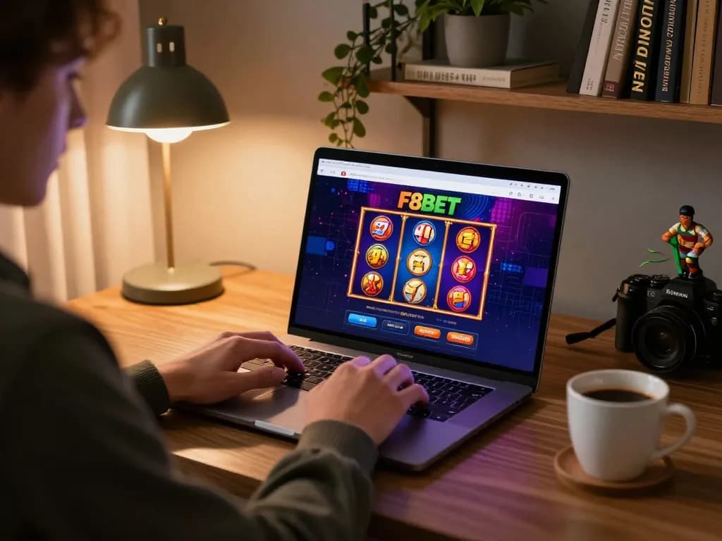 Engaging player using F8BET for exciting online casino games, showcasing lively slot animations and a cozy home setting.