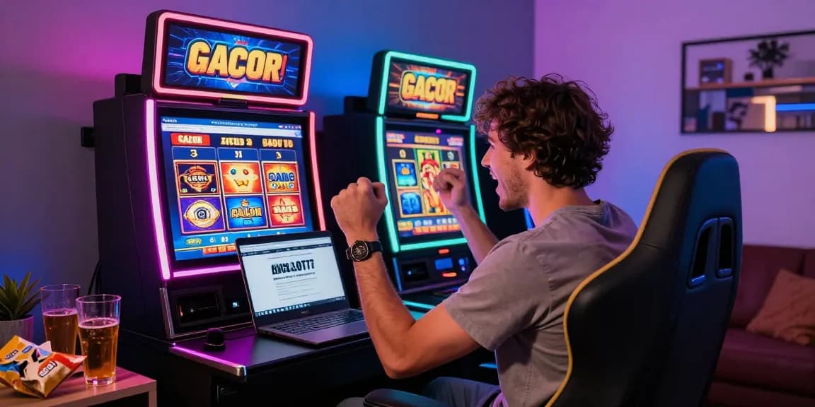 Excited player enjoying slot gacor wins at home with gaming setup.