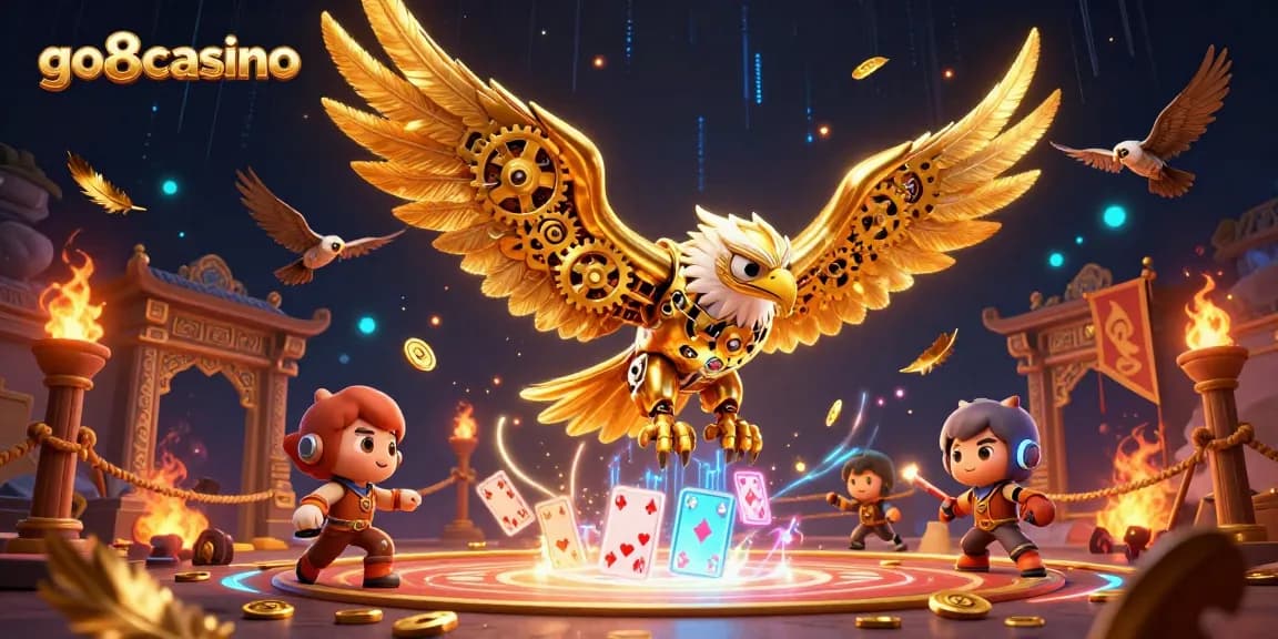 Experience thrilling gameplay at go8casino with a 3D golden eagle amidst holographic cards and casino elements.
