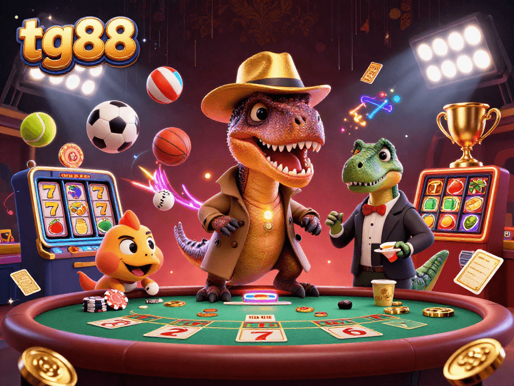 Join tg88's thrilling gaming scene with a velociraptor and stegosaurus at a busy casino table.