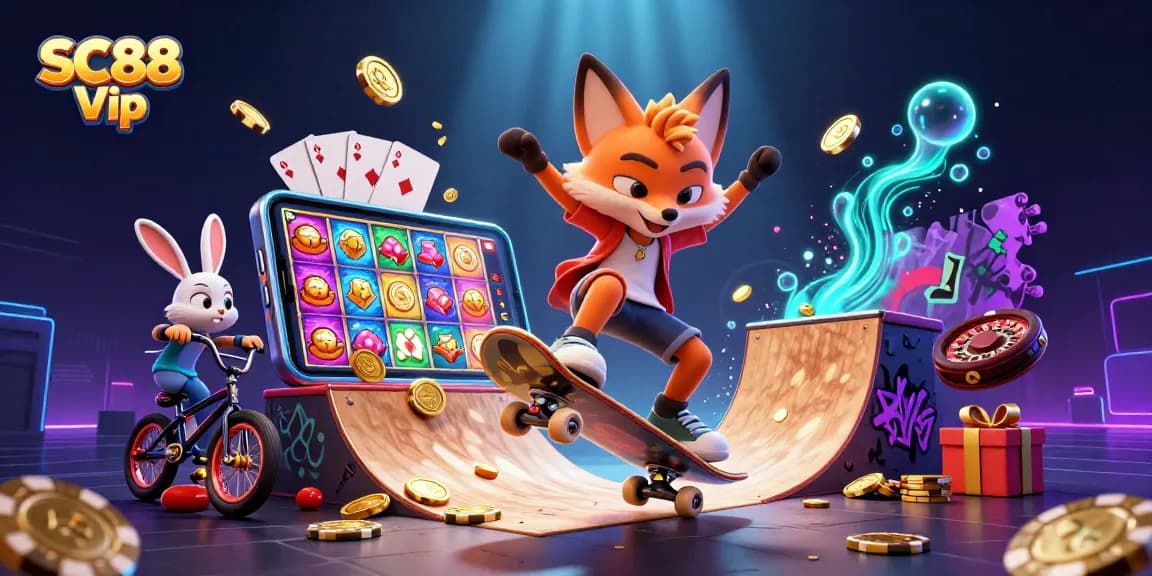 Engage with SC88 Vip's dynamic world featuring a skateboard fox and BMX rabbit amidst casino-themed action.
