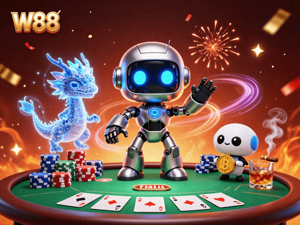 Experience thrilling W88 gameplay with a cyberpunk robot and a dragon in a vibrant casino scene.