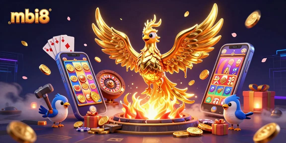 Play thrilling games at mbi8, featuring a golden phoenix and an array of casino elements.
