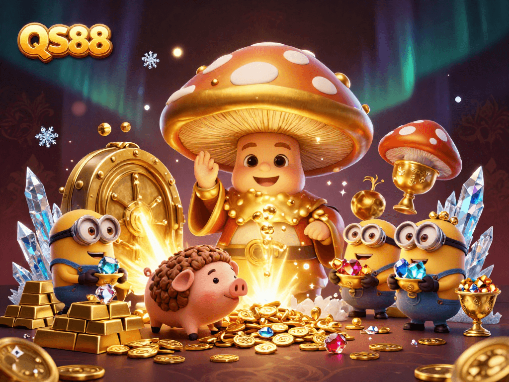 Explore engaging gaming adventures with QS88's lively treasure-filled 3D casino illustration featuring a wizard and gemstones.