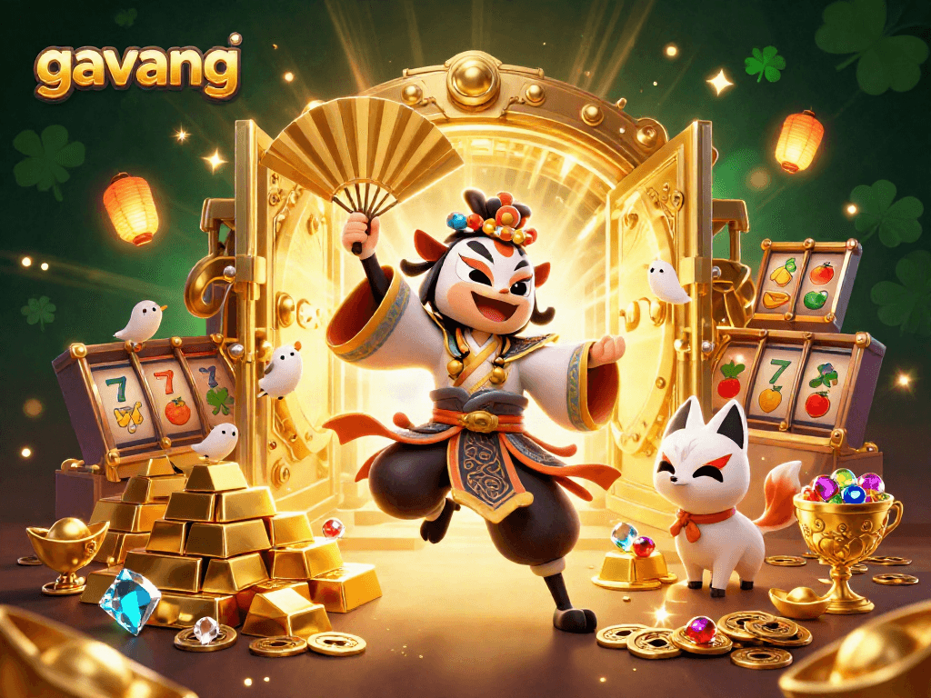 Gavang delights players with an exciting 3D illustration of a kabuki warrior crane in a vibrant casino scene.