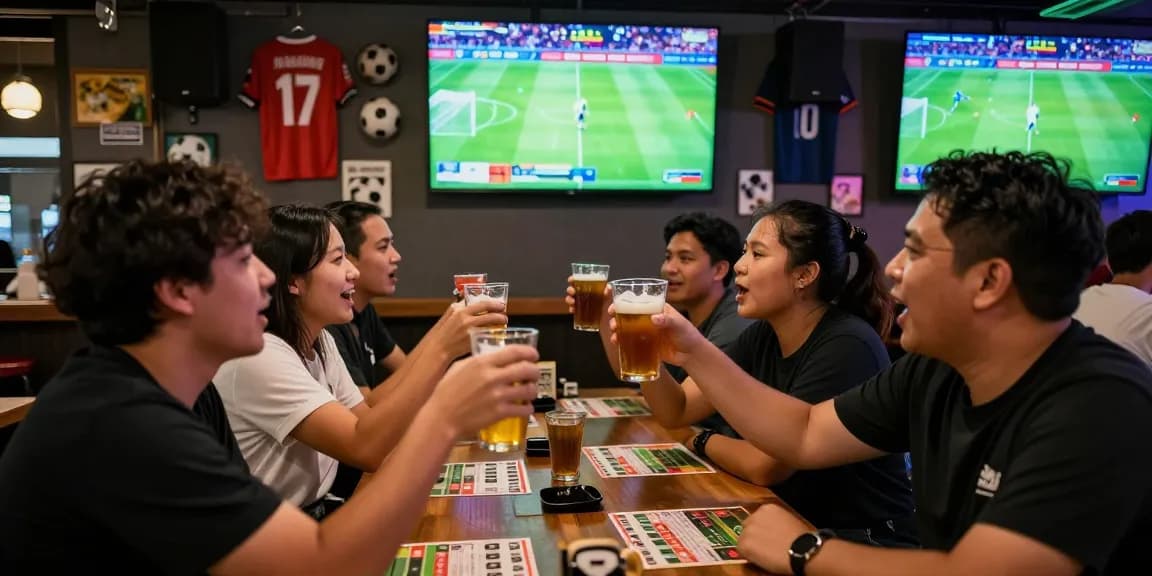 Exciting football betting Malaysia scene with fans celebrating goals in a lively sports bar.