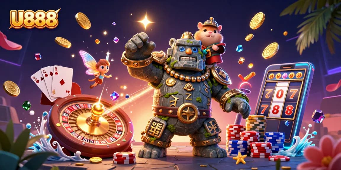 Experience the thrill at U888 as golden coins cascade around the magical golem guardian.