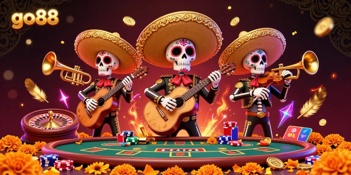 Engage in thrilling casino action with go88's animated mariachi band amidst vibrant gaming elements.