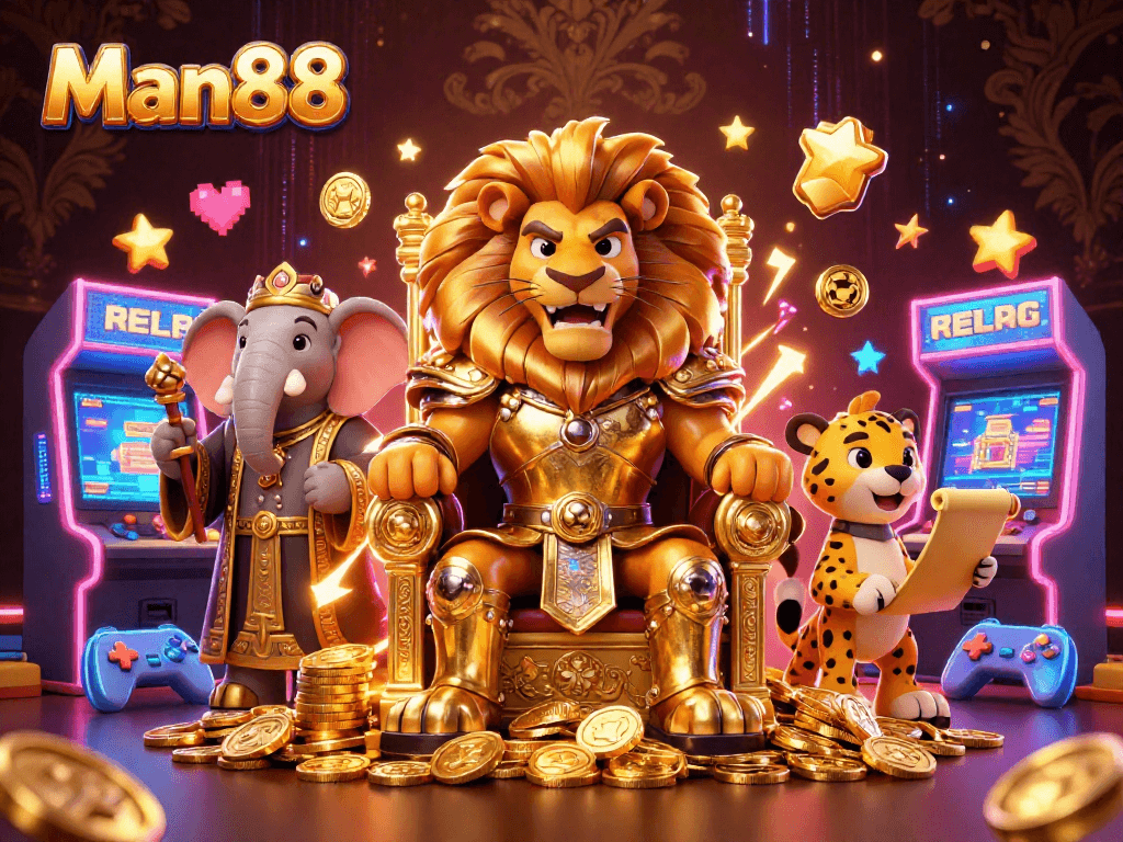 Engage with thrilling games at Man88 featuring a lion king amidst vibrant casino elements.