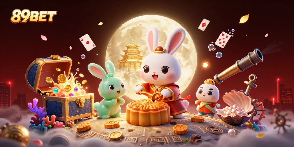 Experience 89BET's thrilling action with a moon rabbit and poker chips in vibrant casino landscape