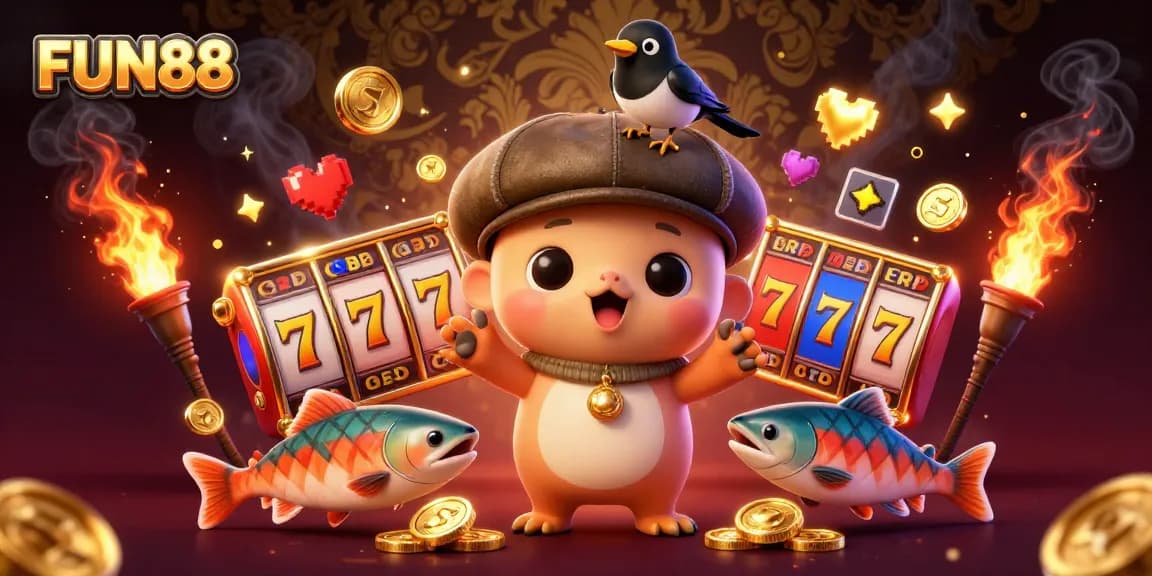 Experience FUN88's vibrant online casino with a cute Nessie, a gold-obsessed magpie, and dynamic slot elements.