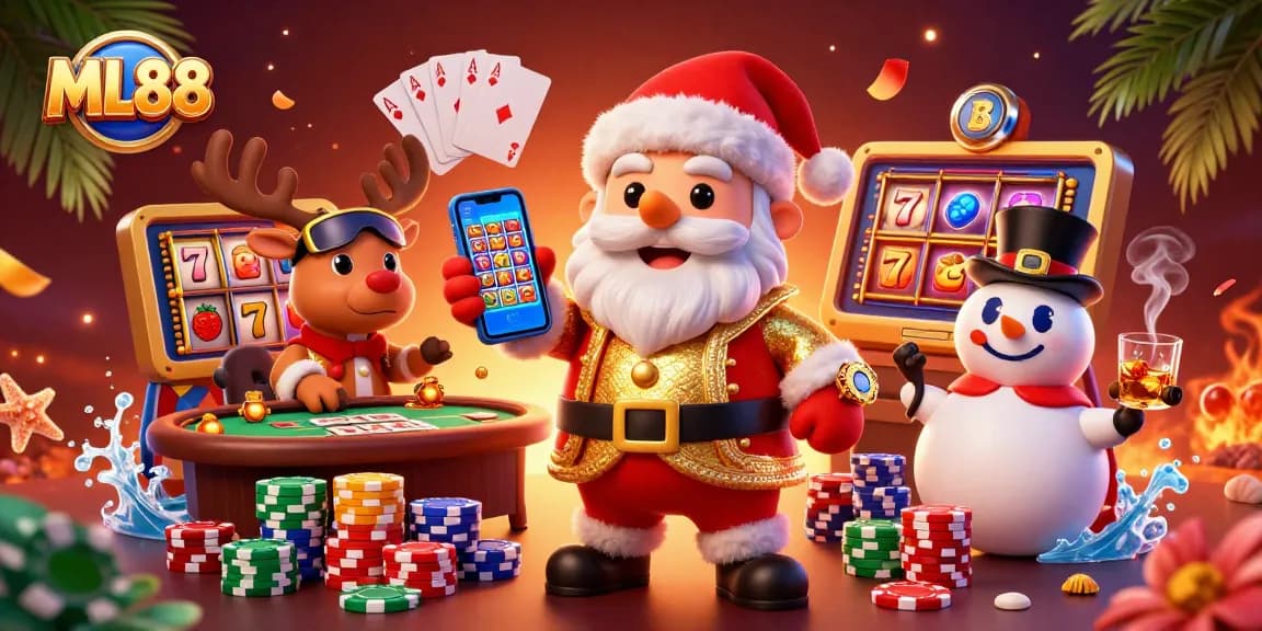 Experience the excitement of ML88 casino with Santa, reindeer, and a snowman spinning the slots.