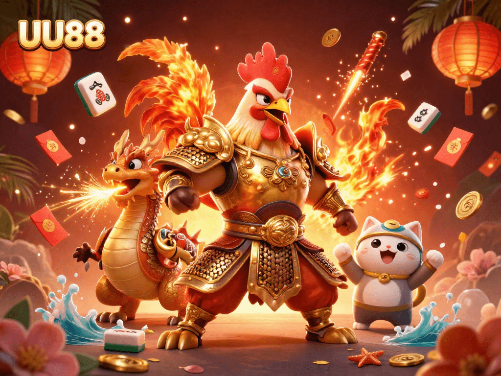 Experience the excitement of UU88 with a dynamic illustration of a fighting rooster warrior and dragon hatchling.