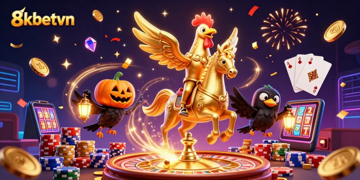 Engage with 8kbetvn's vibrant casino experience featuring a golden rooster and exciting gaming elements.