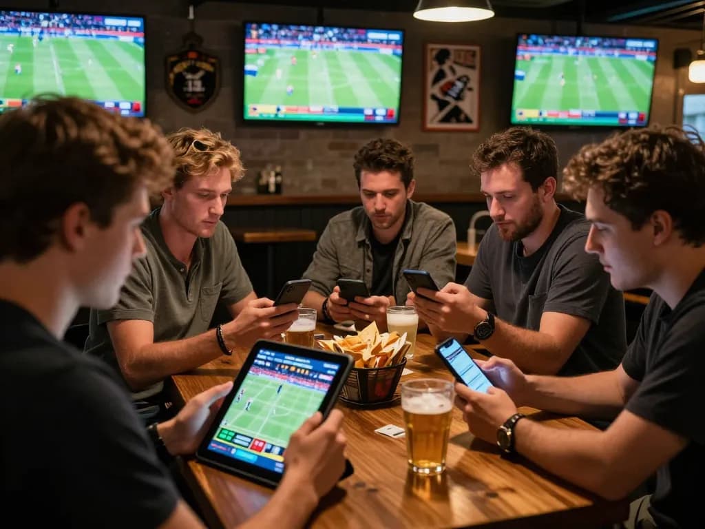 Engaged patrons placing bets on their smartphones at GG88 sports bar during live game.