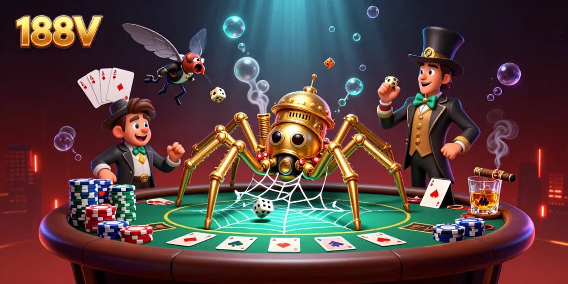Catch unlucky dice in the web of 188V's steampunk spider at a vivid casino scene.