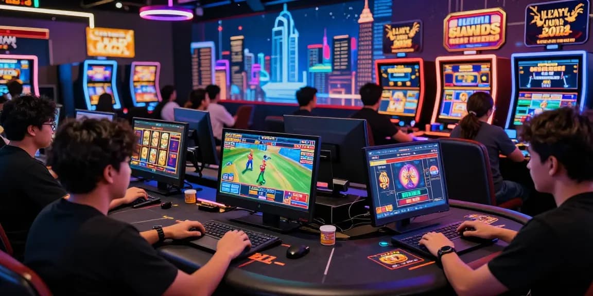 Engaging moment in an online casino Malaysia, showcasing players enjoying slots and live betting with dynamic visuals and promotions.