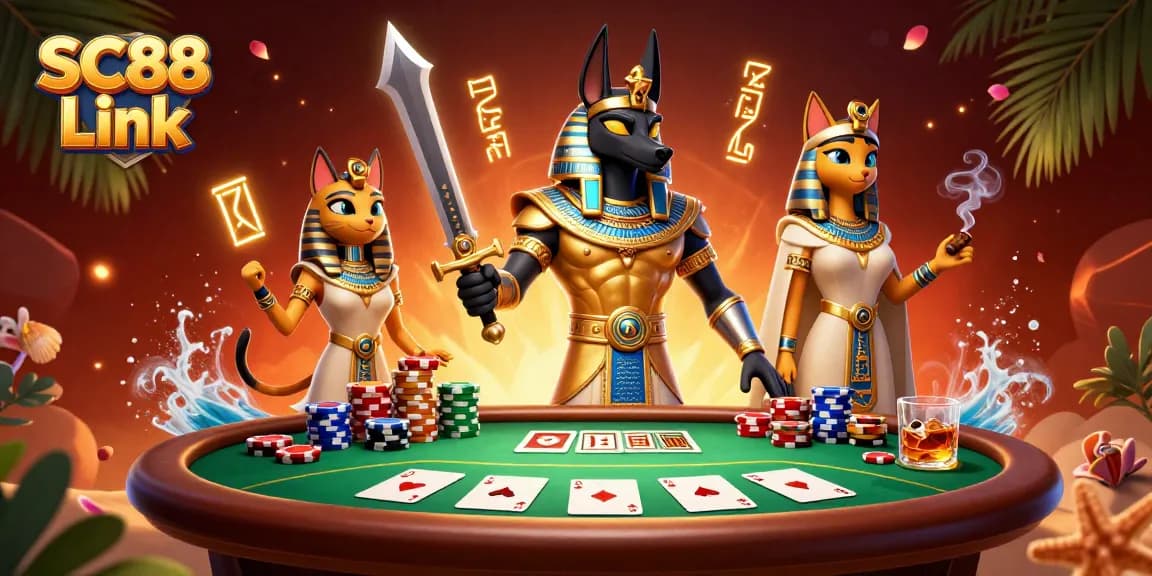 Engage in thrilling poker at SC88 Link with Anubis and Bastet amidst vibrant casino elements!