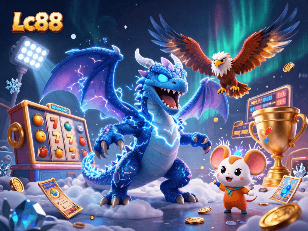 Engage in exciting gaming and slots at Lc88 with a dynamic 3D illustration featuring vibrant characters and elements.