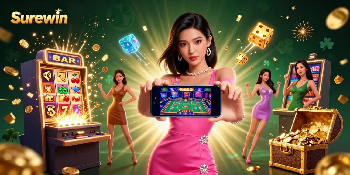 Experience the excitement of Surewin casino games with a vibrant 3D illustration showcasing thrilling jackpots and live dealer features.