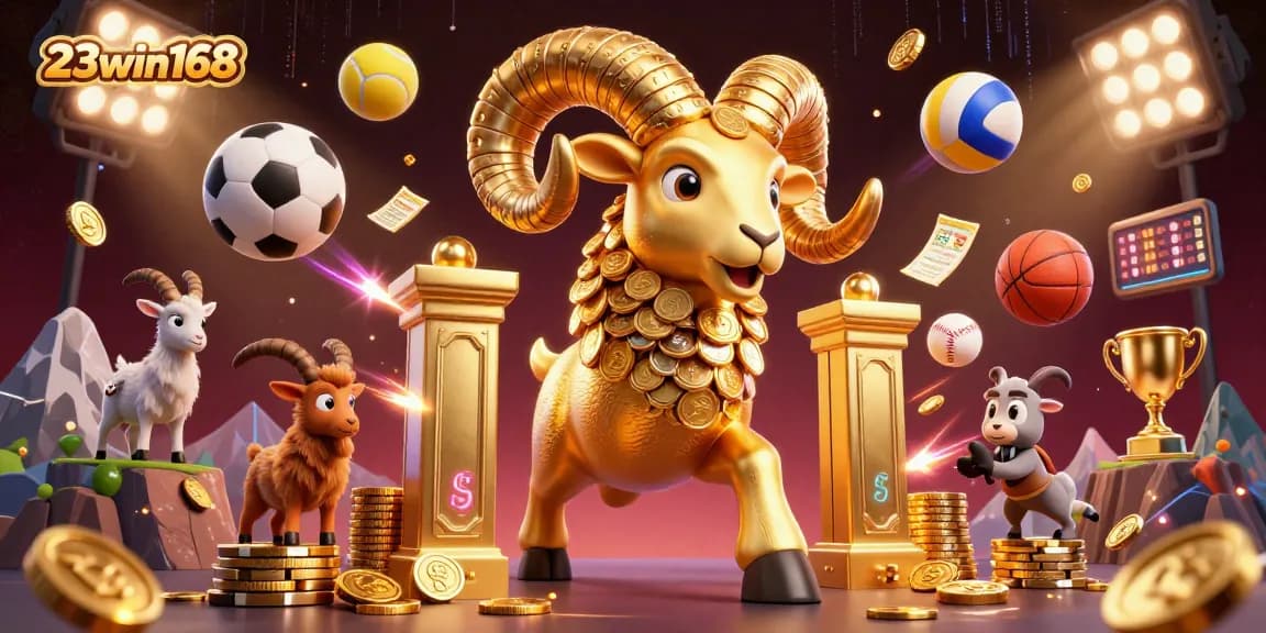 Experience the excitement of 23win168 with a vibrant 3D casino illustration showcasing dynamic sports and gambling elements.