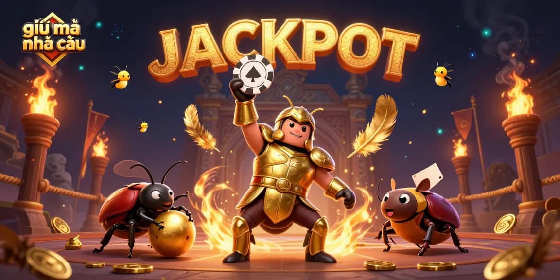 Play and win with giải mã nhà cái while a glorious beetle celebrates victory amidst casino elements.