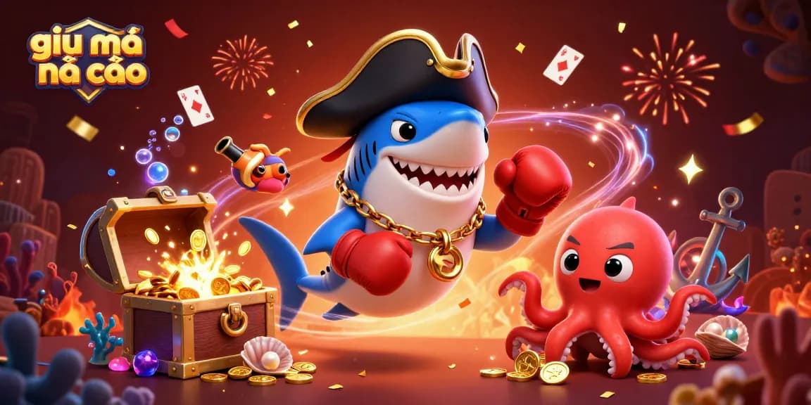 Engage with giải mã nhà cái to win big with our vibrant cartoon casino-themed image featuring sharks and treasure!