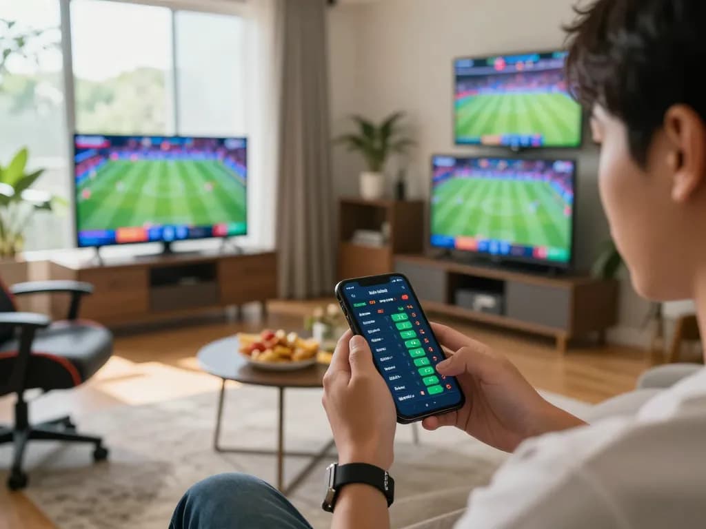 Betting excitement as user analyzes kèo nhà cái 5 odds on smartphone in cozy home setting