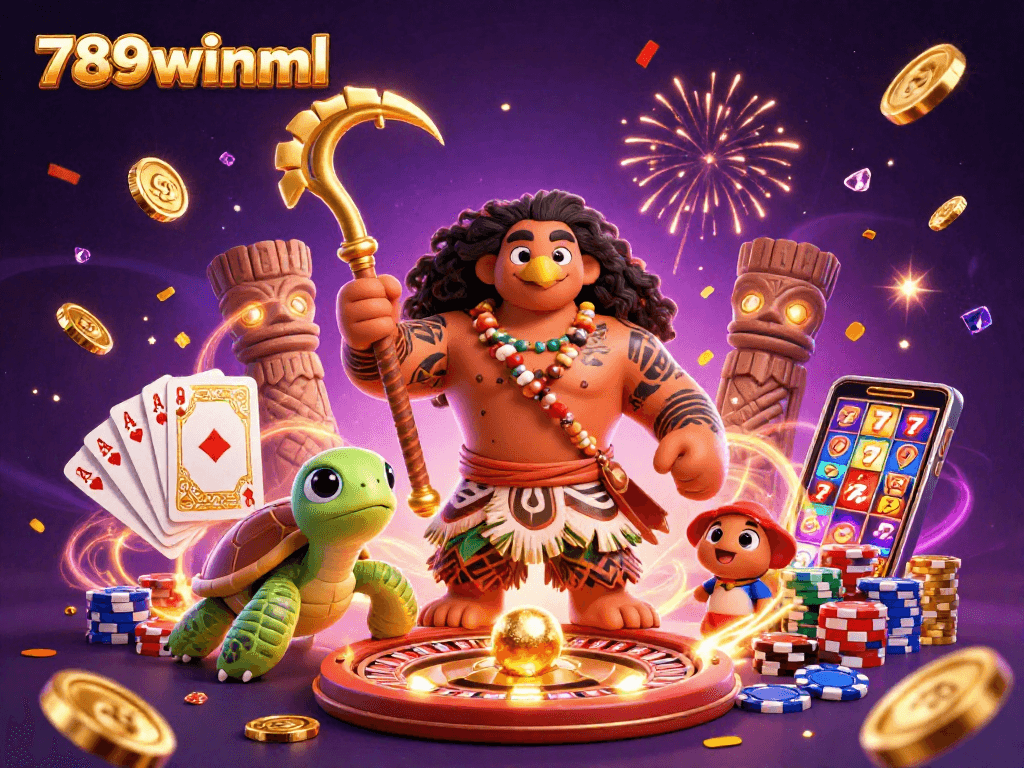 Engage in gaming thrills with 789winml, showcasing a vibrant casino scene featuring spinning roulette and golden coins.