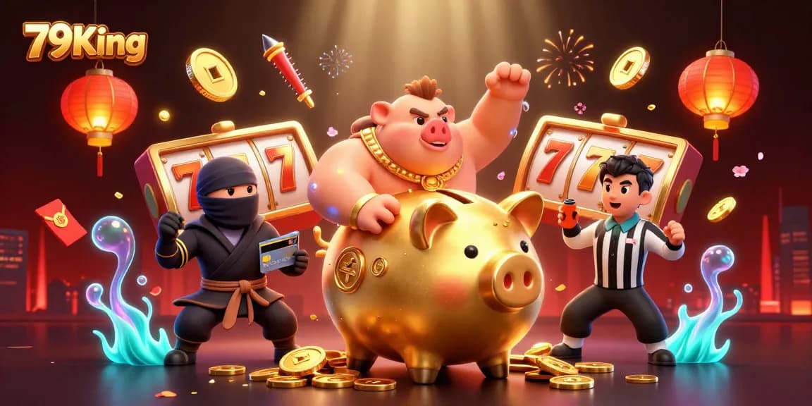 Engage in exciting games with 79King, featuring a thrilling golden piggy bank sumo wrestler and dynamic slot elements.